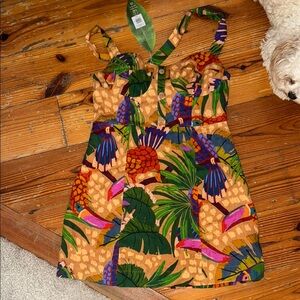 FARM RIO - Tropical Parrot Printed Sundress in Mustard & Green